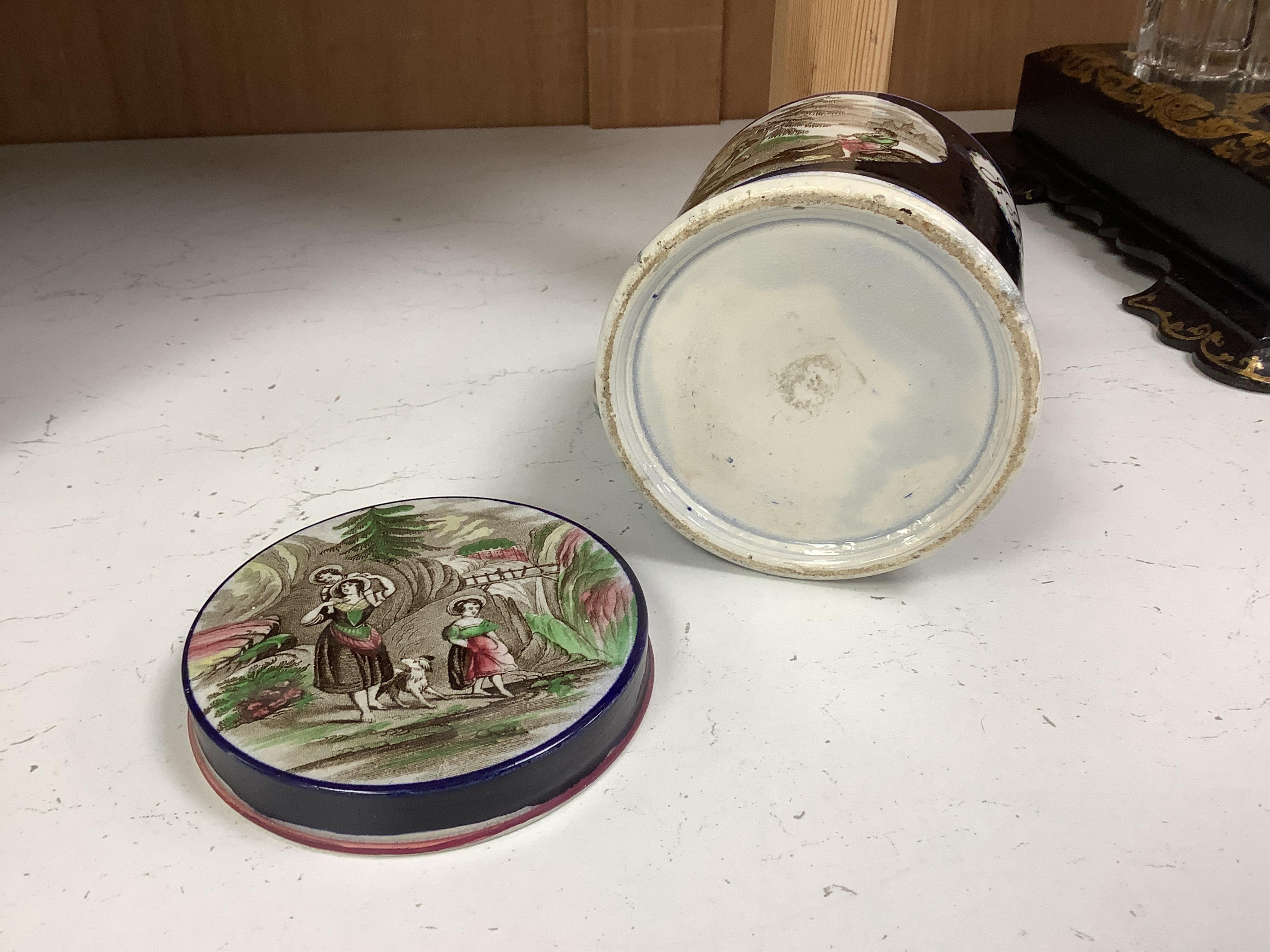 A mid 19th century pearlware teapot, a moustache mug and cover, two chinoiserie tiles and a Napoleon black and white transfer dish, Madrid 1808. Teapot and cover 16cm high. Condition - tile and teapot spout chipped